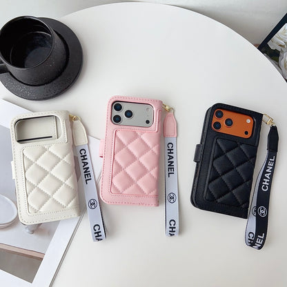 Diamond Quilted Leather Flip Phone Wallet Case with Wrist Strap