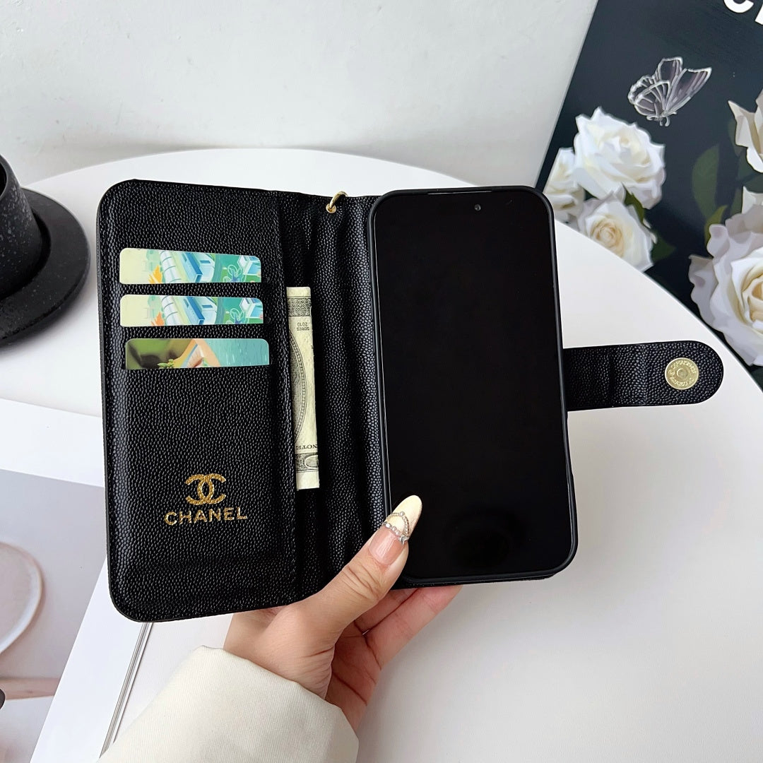 Diamond Quilted Leather Flip Phone Wallet Case with Wrist Strap
