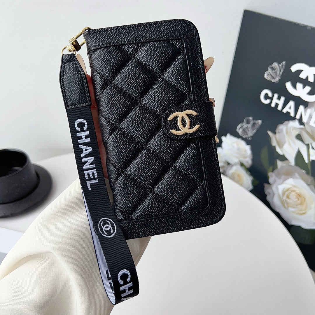 Diamond Quilted Leather Flip Phone Wallet Case with Wrist Strap