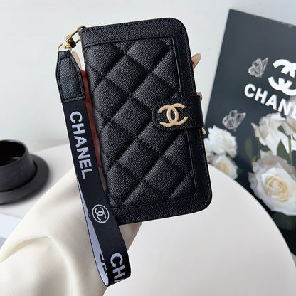 Diamond Quilted Leather Flip Phone Wallet Case with Wrist Strap