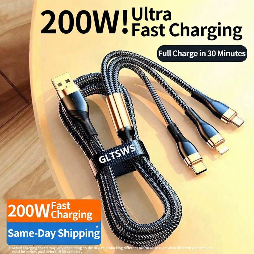 One Cable for All Devices – 200W Ultra Fast Charging (3-in-1)