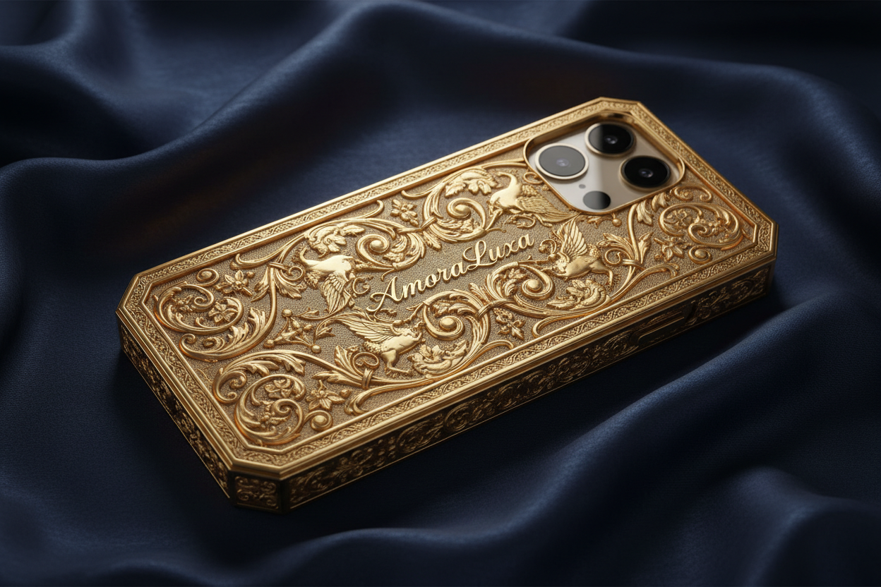 Prompt:​ Artistic luxury banner showcasing the AmoraLuxa iPhone 17 case. The case is a masterpiece of intricate gold filigree and metal engraving, resembling an antique jewelry box. The ornate浮雕 patterns catch the light beautifully. It rests on a textured dark blue silk fabric. The lighting is soft and masterful, reminiscent of a classical painting. The "AmoraLuxa" brand name is integrated into the ornate design in a stylish script font. Overall feeling is opulent, artistic, and timeless. 3:1 aspect ratio.